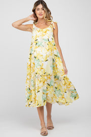 Yellow Floral Tiered Shoulder Tie Maternity Midi Dress