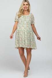 Mint Floral Pleated Square Neck Maternity Plus Dress