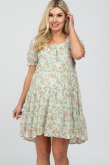 Mint Floral Pleated Square Neck Maternity Plus Dress