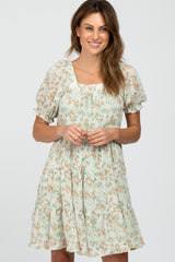 Mint Floral Pleated Square Neck Plus Dress