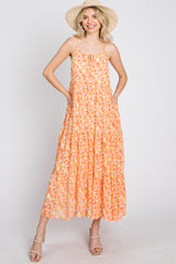 Orange Floral Tiered Chiffon Dress