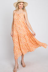 Orange Floral Tiered Chiffon Dress