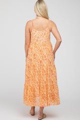 Orange Floral Tiered Chiffon Maternity Dress