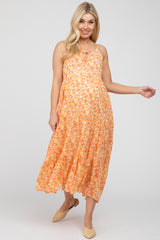 Orange Floral Tiered Chiffon Maternity Dress