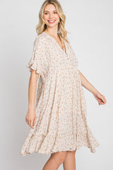 Beige Floral Short Sleeve Ruffle Hem Dress