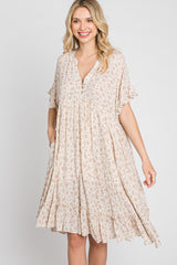 Beige Floral Short Sleeve Ruffle Hem Dress