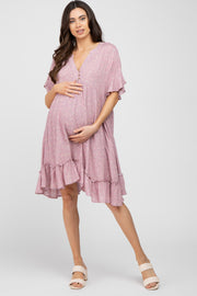 Lavender Floral Short Sleeve Ruffle Hem Maternity Dress