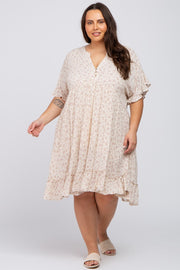 Beige Floral Short Sleeve Ruffle Hem Plus Dress