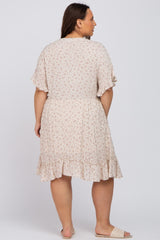 Beige Floral Short Sleeve Ruffle Hem Plus Dress