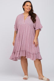 Lavender Floral Short Sleeve Ruffle Hem Plus Dress