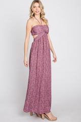 Purple Floral Sweetheart Neck Back Cutout Maxi Dress