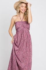 Purple Floral Sweetheart Neck Back Cutout Maxi Dress