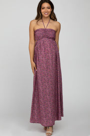 Purple Floral Sweetheart Neck Back Cutout Maternity Maxi Dress