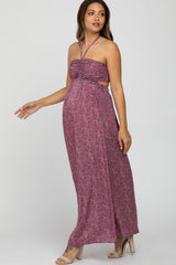 Purple Floral Sweetheart Neck Back Cutout Maternity Maxi Dress