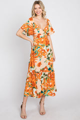 Multi-Color Floral Ruffle Sleeve Back Cutout Midi Dress