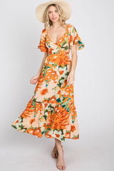 Multi-Color Floral Ruffle Sleeve Back Cutout Midi Dress