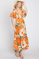 Multi-Color Floral Ruffle Sleeve Back Cutout Midi Dress