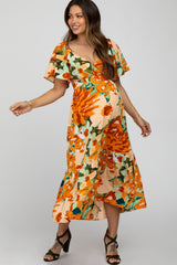 Multi-Color Floral Ruffle Sleeve Back Cutout Maternity Midi Dress