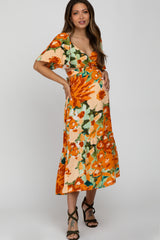 Multi-Color Floral Ruffle Sleeve Back Cutout Maternity Midi Dress