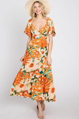 Multi-Color Floral Ruffle Sleeve Back Cutout Maternity Midi Dress