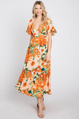 Multi-Color Floral Ruffle Sleeve Back Cutout Midi Dress