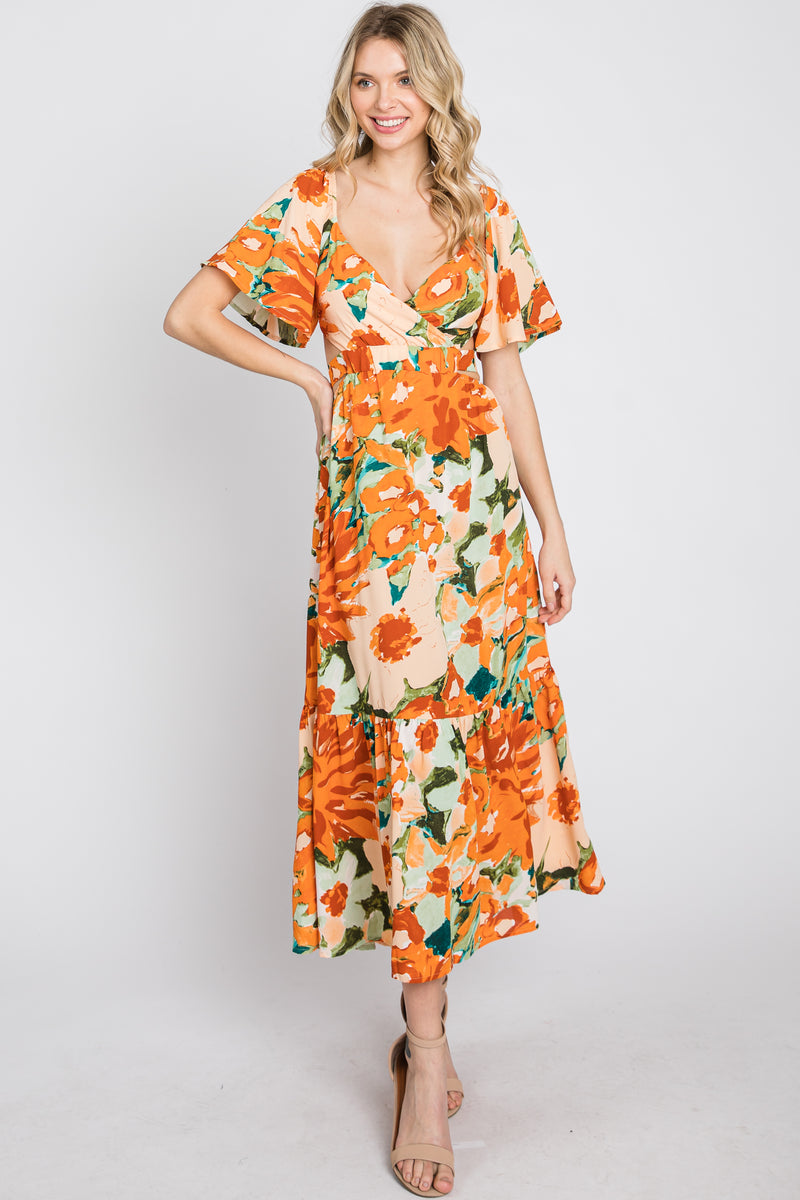 Multi-Color Floral Ruffle Sleeve Back Cutout Midi Dress – PinkBlush