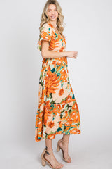 Multi-Color Floral Ruffle Sleeve Back Cutout Midi Dress