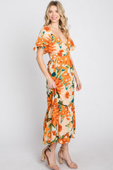 Multi-Color Floral Ruffle Sleeve Back Cutout Midi Dress