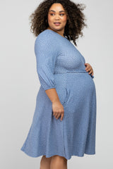 Blue Ribbed Polka Dot Waist Tie Maternity Plus Midi Dress