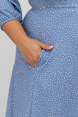 Blue Ribbed Polka Dot Waist Tie Maternity Plus Midi Dress