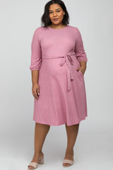 Mauve Ribbed Polka Dot Waist Tie Maternity Plus Midi Dress