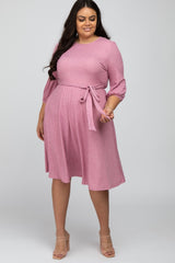 Mauve Ribbed Polka Dot Waist Tie Plus Midi Dress