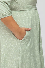 Mint Green Ribbed Polka Dot Waist Tie Plus Midi Dress