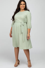 Mint Green Ribbed Polka Dot Waist Tie Plus Midi Dress