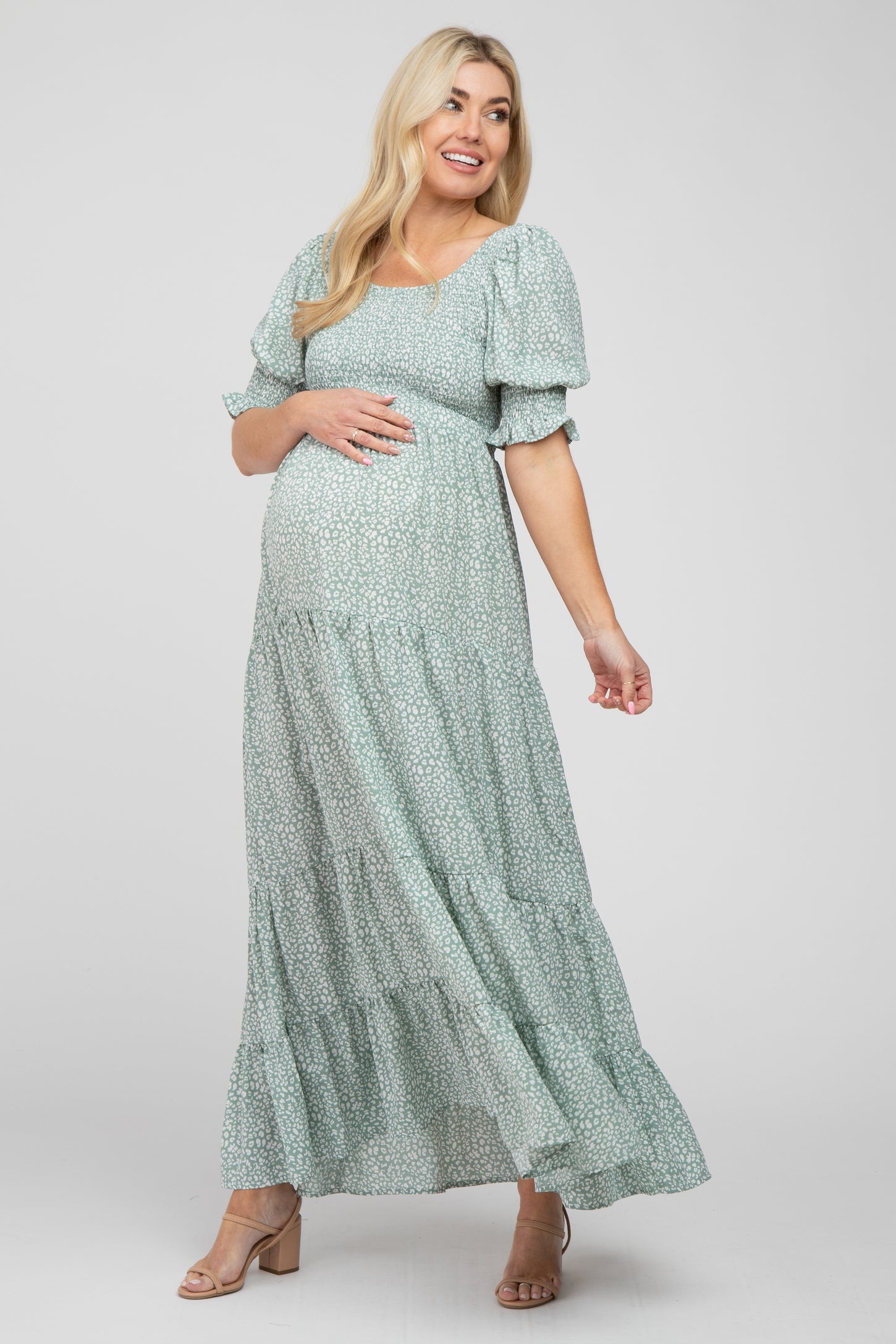 Mint Animal Print Smocked Tiered Maternity Maxi Dress – PinkBlush