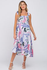 Lavender Multi-Colored Stroke Print Smocked Maternity Midi Dress