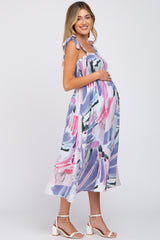 Lavender Multi-Colored Stroke Print Smocked Maternity Midi Dress