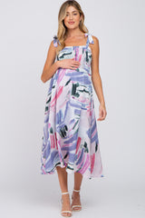 Lavender Multi-Colored Stroke Print Smocked Maternity Midi Dress