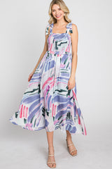 Lavender Multi-Colored Stroke Print Smocked Maternity Midi Dress