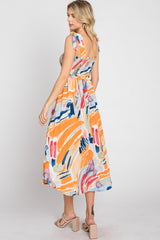 Blue Multi-Colored Stroke Print Smocked Midi Dress