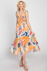 Blue Multi-Colored Stroke Print Smocked Midi Dress