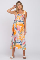 Blue Multi-Colored Stroke Print Smocked Maternity Midi Dress