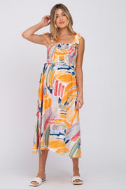 Blue Multi-Colored Stroke Print Smocked Maternity Midi Dress