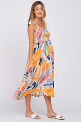 Blue Multi-Colored Stroke Print Smocked Maternity Midi Dress