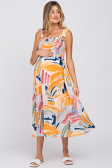 Blue Multi-Colored Stroke Print Smocked Maternity Midi Dress