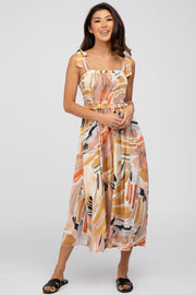 Multi-Colored Stroke Print Smocked Tie Strap Midi Dress