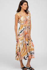 Multi-Colored Stroke Print Smocked Tie Strap Midi Dress