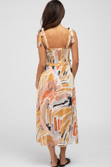 Multi-Colored Stroke Print Smocked Tie Strap Midi Dress