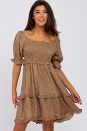 Taupe Spotted Square Neck Smocked Ruffle Dress