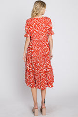 Orange Spotted Button Front Tiered Midi Dress